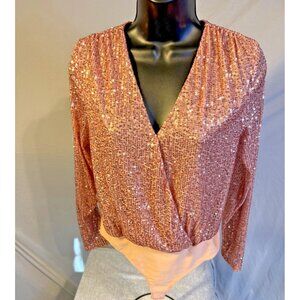 NWT Sincerely Jules Pink Sequins Bodysuit Long SLeeve Vneck Womens Small S